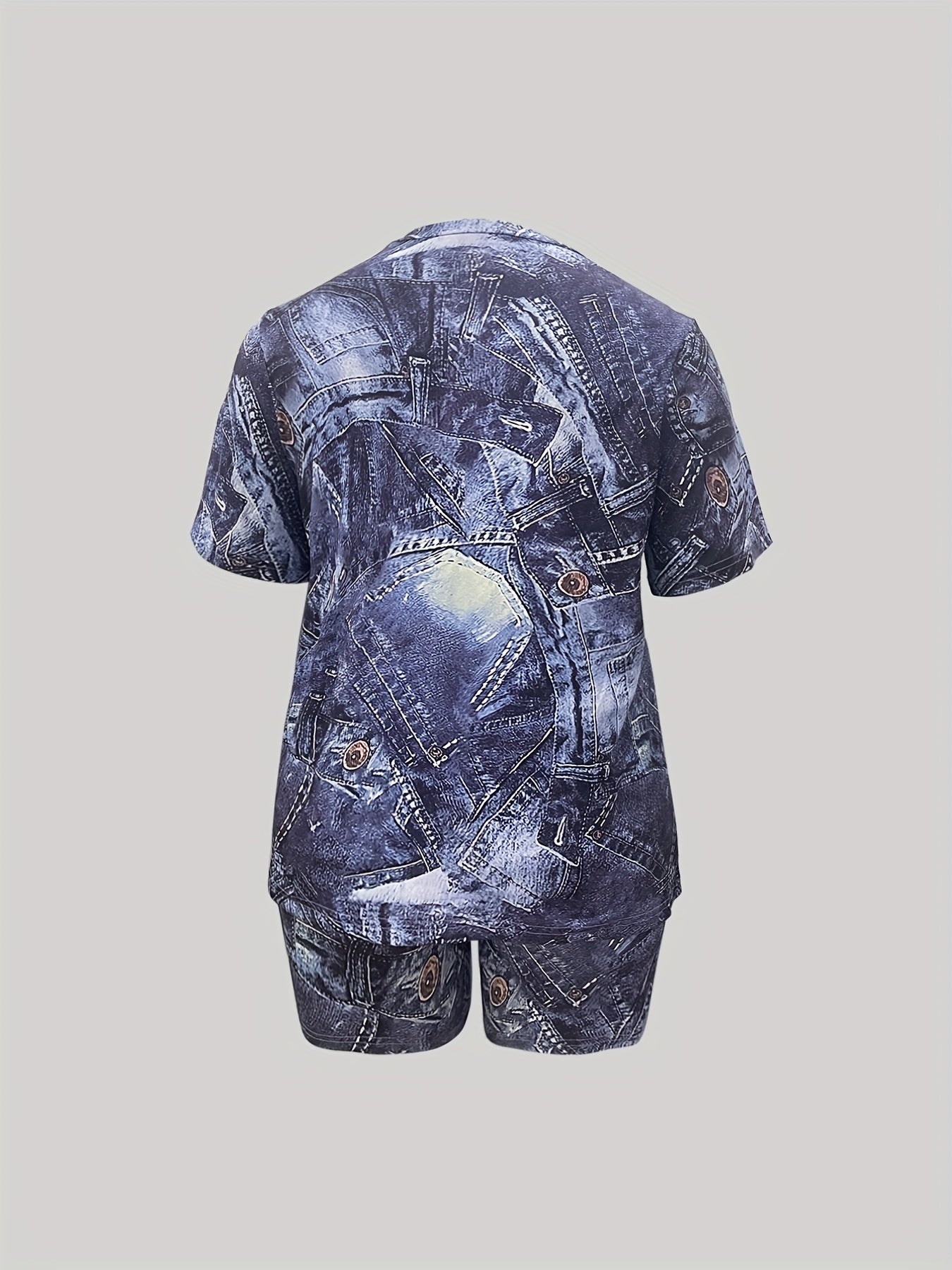 Women's Plus Denim Print Top & Shorts 2 Piece Set