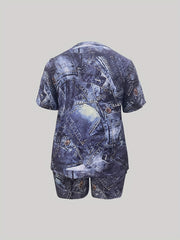 Women's Plus Denim Print Top & Shorts 2 Piece Set