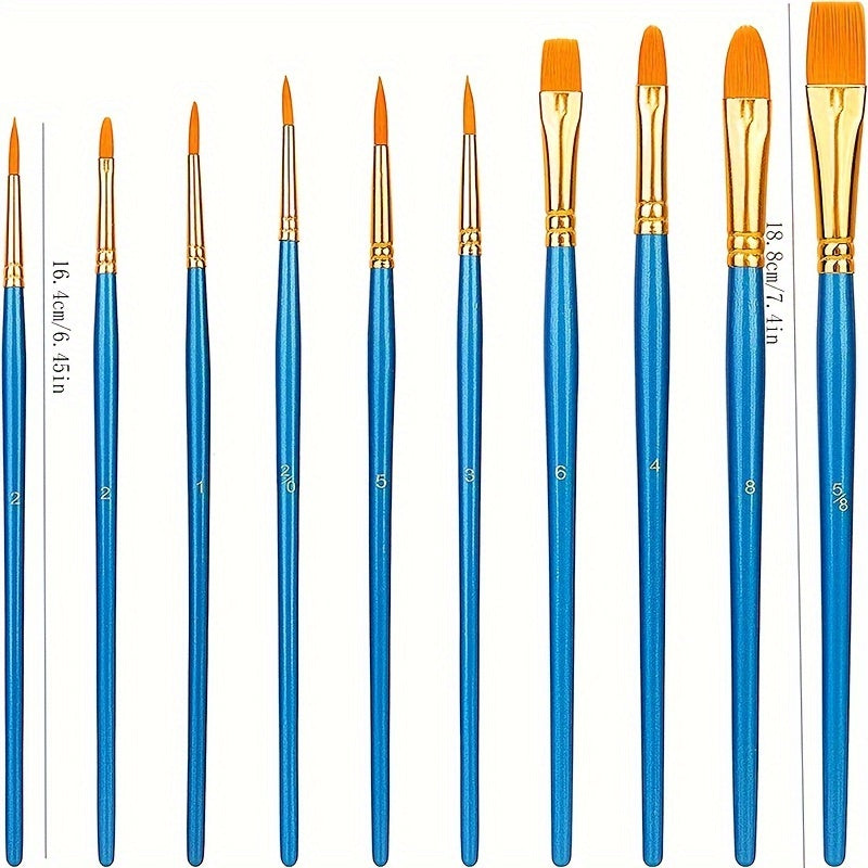 10pcs Basic Paint Brushes Set Acrylic Watercolor PBT Brushes 10 Sizes