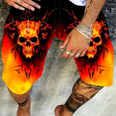 Men's Fiery Skull Graphic Shorts Elastic Waist Stretch Summer Outdoor Wear