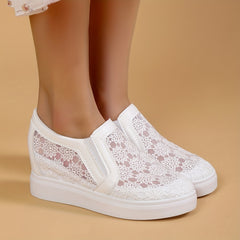 Women's Lace Wedge Heeled Loafers Mesh Slip On Shoes