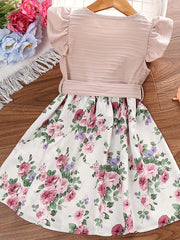 Girls Floral Print Ruffle Sleeve Dress with Belt