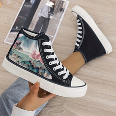 Chinese Landscape Print Plush Lined Thermal Canvas Sneakers