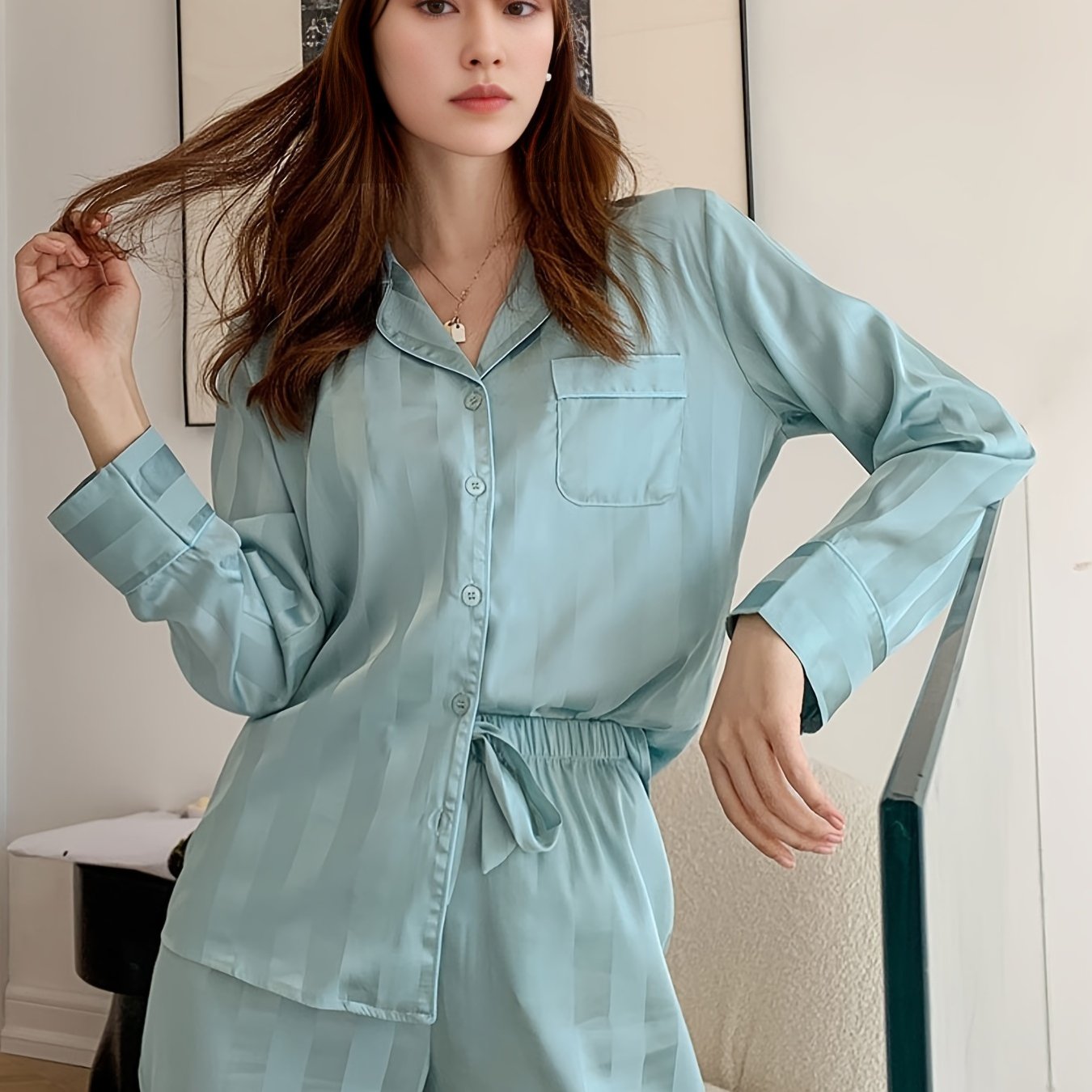 Satin Striped Pajamas Set Button Up Blouse & Pants