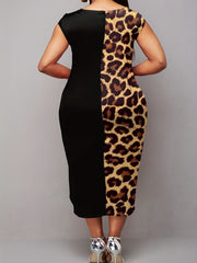 Colorblock Leopard Print Boat Neck Slim Fit Dress