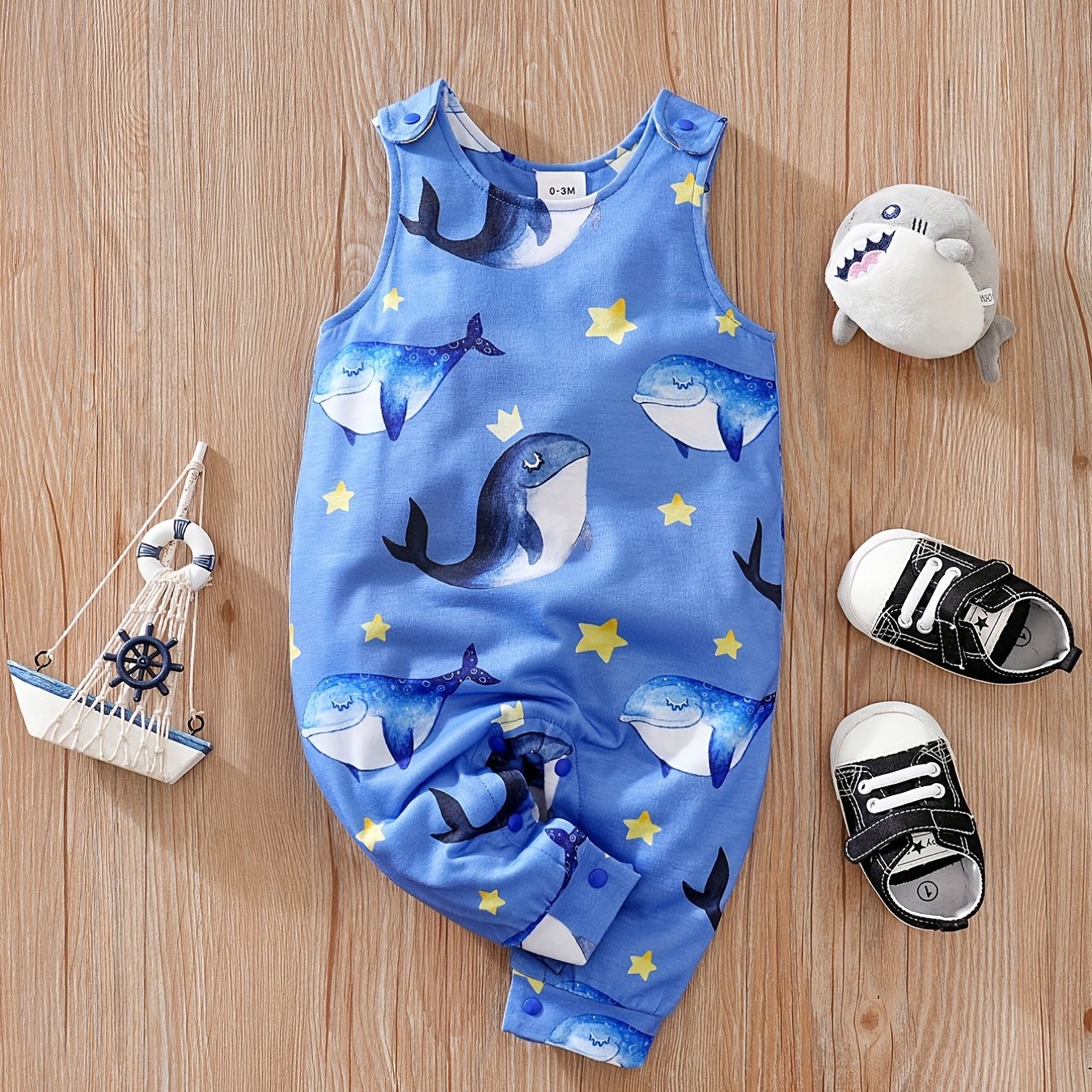 Baby Boys Whale Print Sleeveless Romper Comfortable Breathable