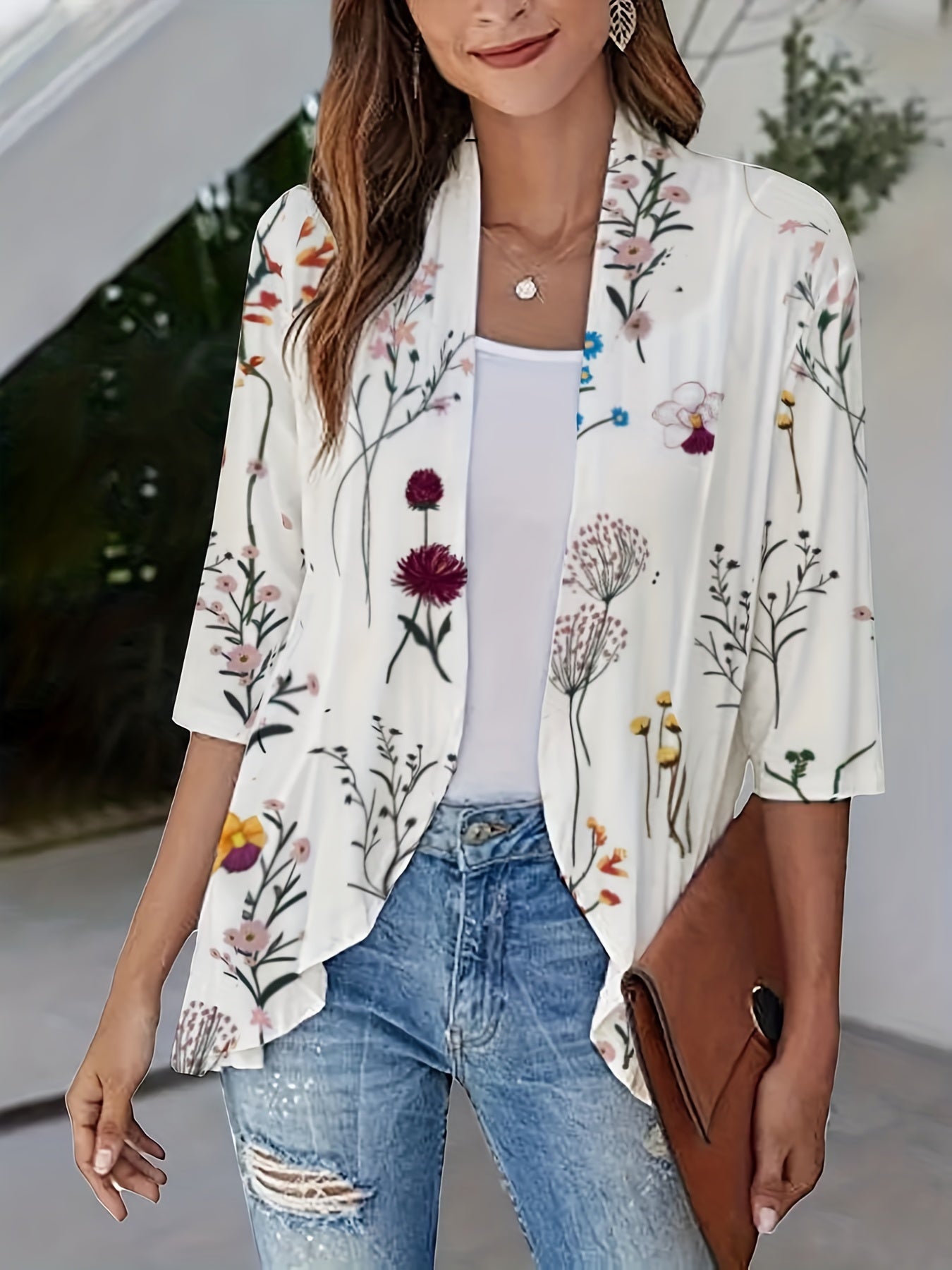 Floral Print Open Front Ruffle Cardigan 3/4 Sleeve Casual Cardigan
