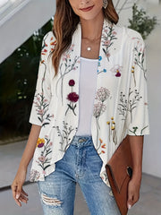 Floral Print Open Front Ruffle Cardigan 3/4 Sleeve Casual Cardigan