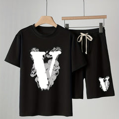Boys Letter V Print Short Sleeve T shirt & Drawstring Shorts Set