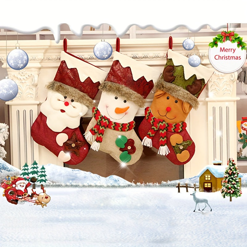 1pc Santa Claus Snowman Deer Faux Leather Socks Christmas Gift Bag