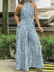 Print Tie Waist Halter Jumpsuit Wide Leg Pant