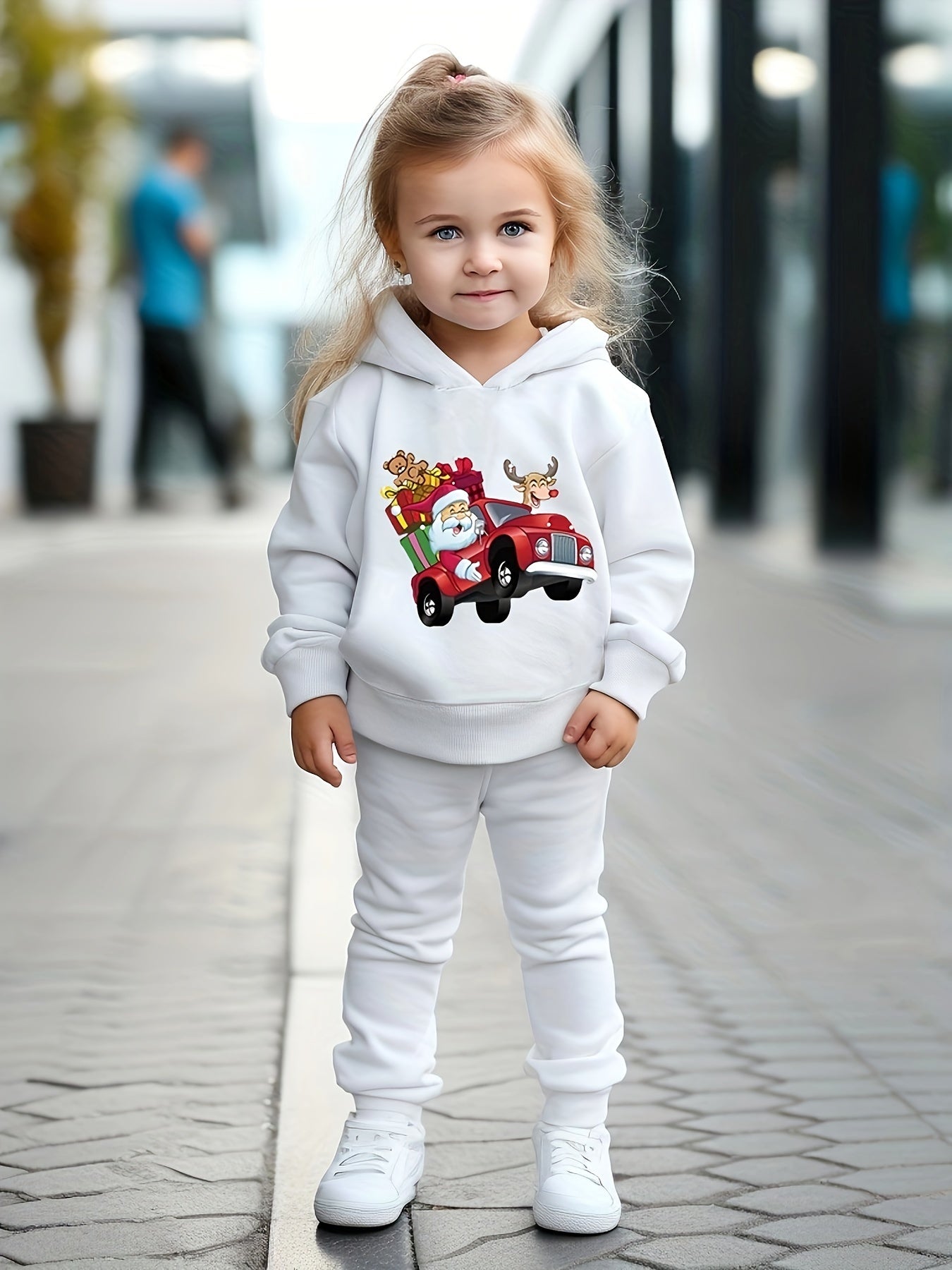 Santa & Reindeer Car Print Girls Hoodie Jogger Pants Set