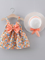 Sweet & Baby Girl's Flower Print Puffy Cami Dress With Bow & Hat