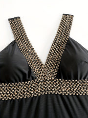 V Neck One Piece Swimsuit Contrast Band Backless High Cut Bathing Suit