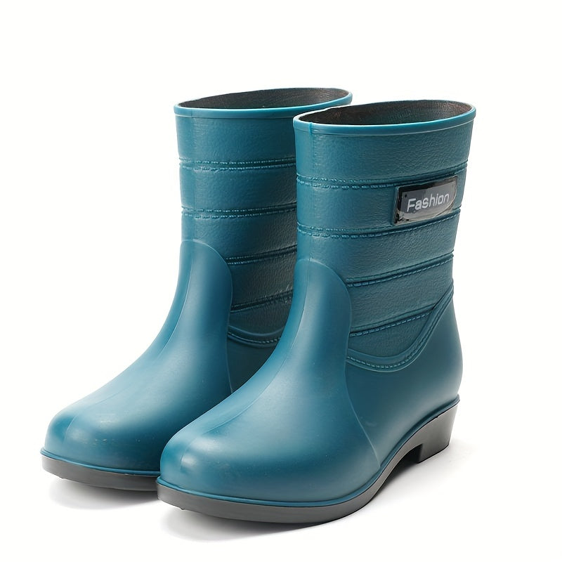 Mid Calf Waterproof Rain Boots PVC Flat Round Toe Thermal Rain Shoes