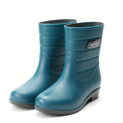 Mid Calf Waterproof Rain Boots PVC Flat Round Toe Thermal Rain Shoes