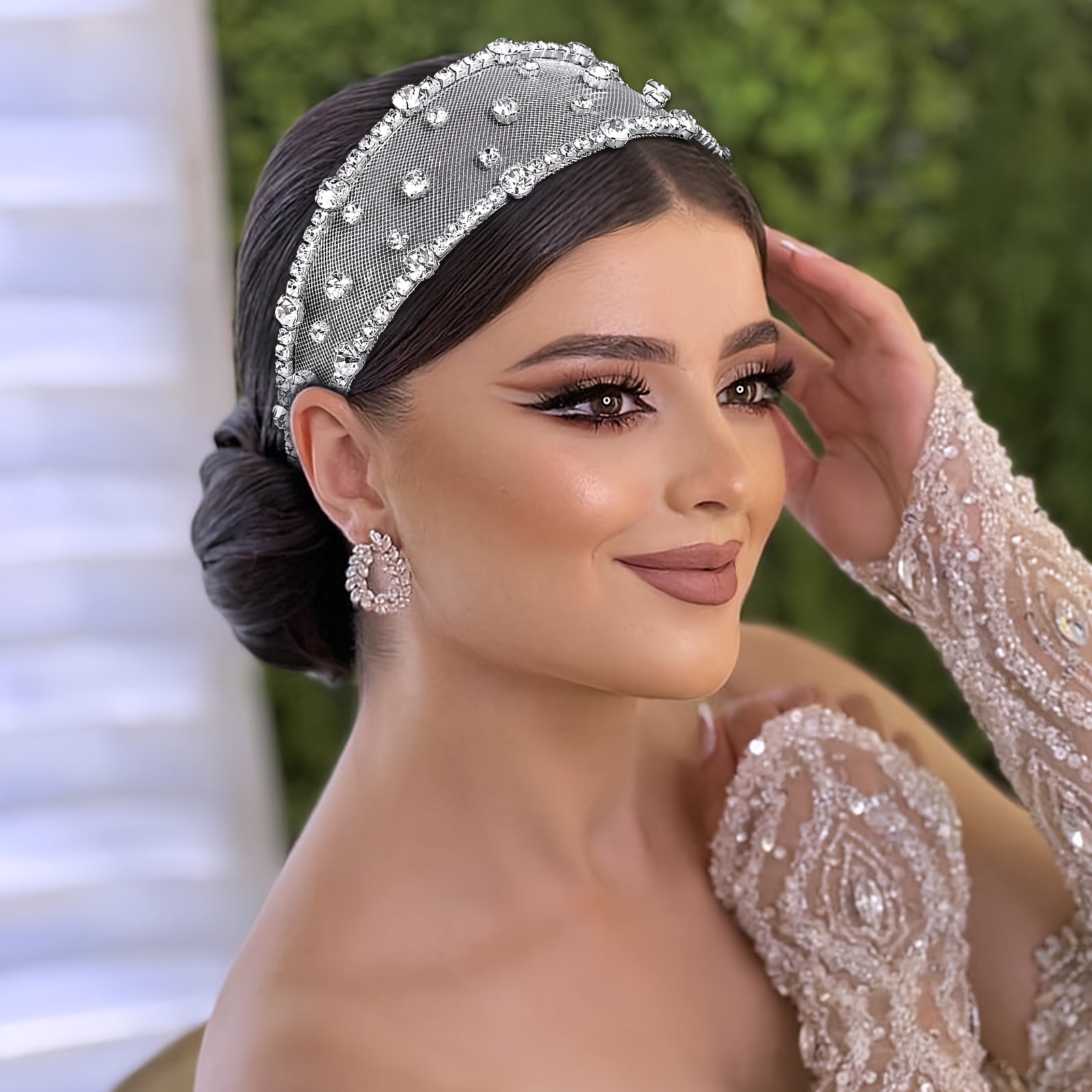 Boho Hawaiian Mesh Headband with Rhinestone Embellishments
