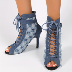 Plaid Stiletto Heels Denim Peep Toe Pumps Lace Up Zipper Shoes