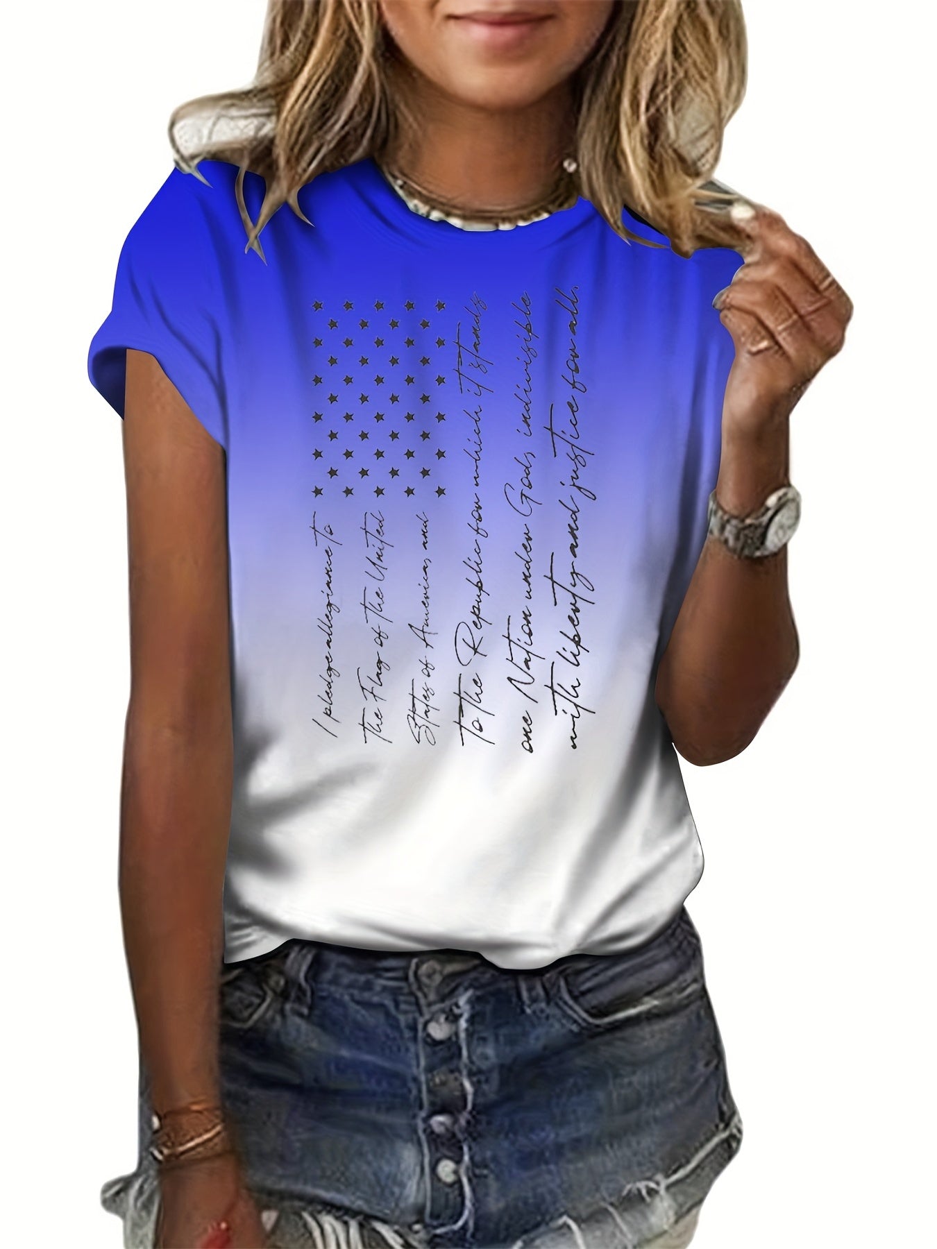Flag & Letter Print T shirts Round Neck Short Sleeve Casual Top Women's Clothing