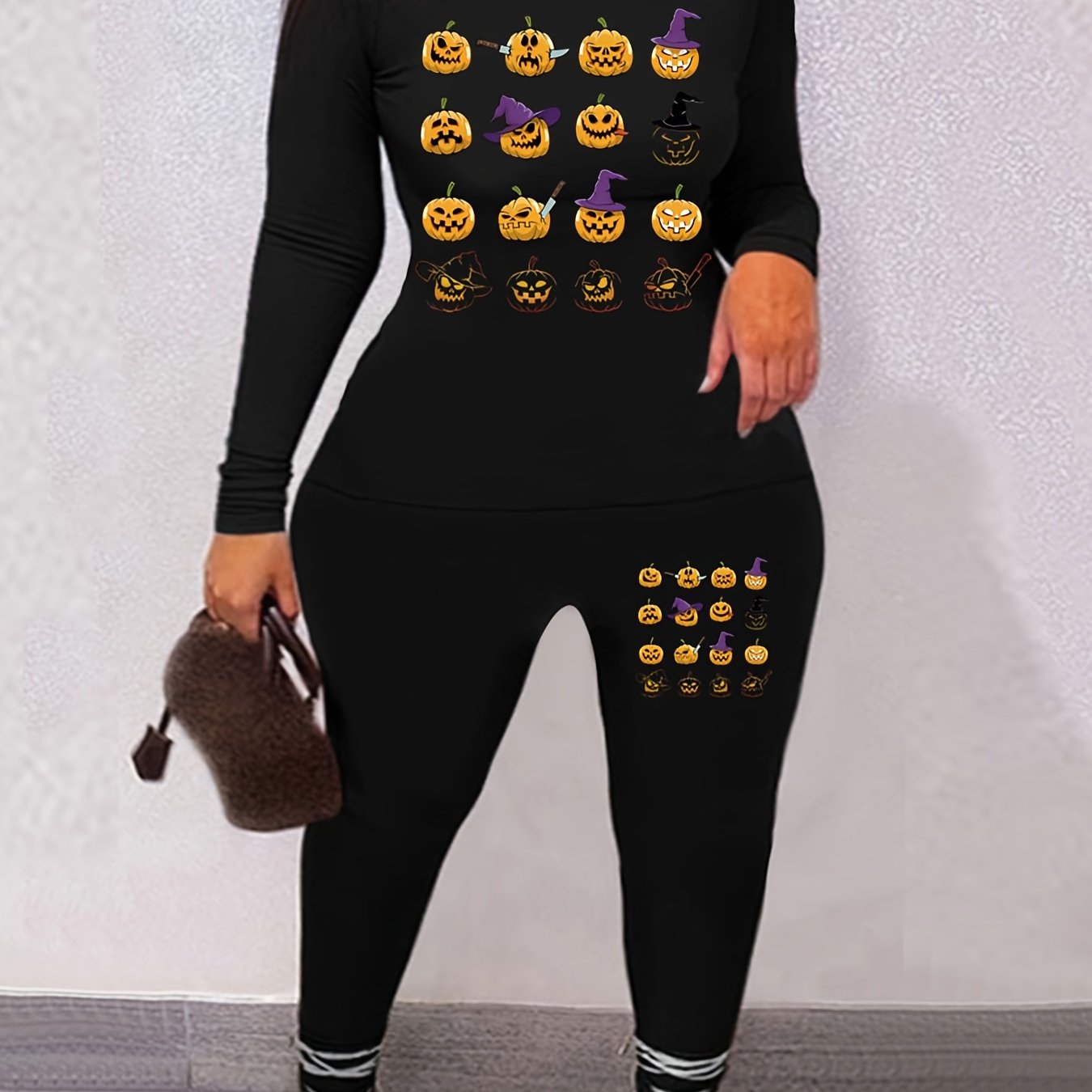 Women's Plus Pumpkin Print Top & Leggings Outfits 2 Piece Set