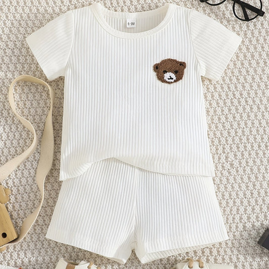 Striped Bear Print Short Sleeve Tee & Shorts Boy's Set