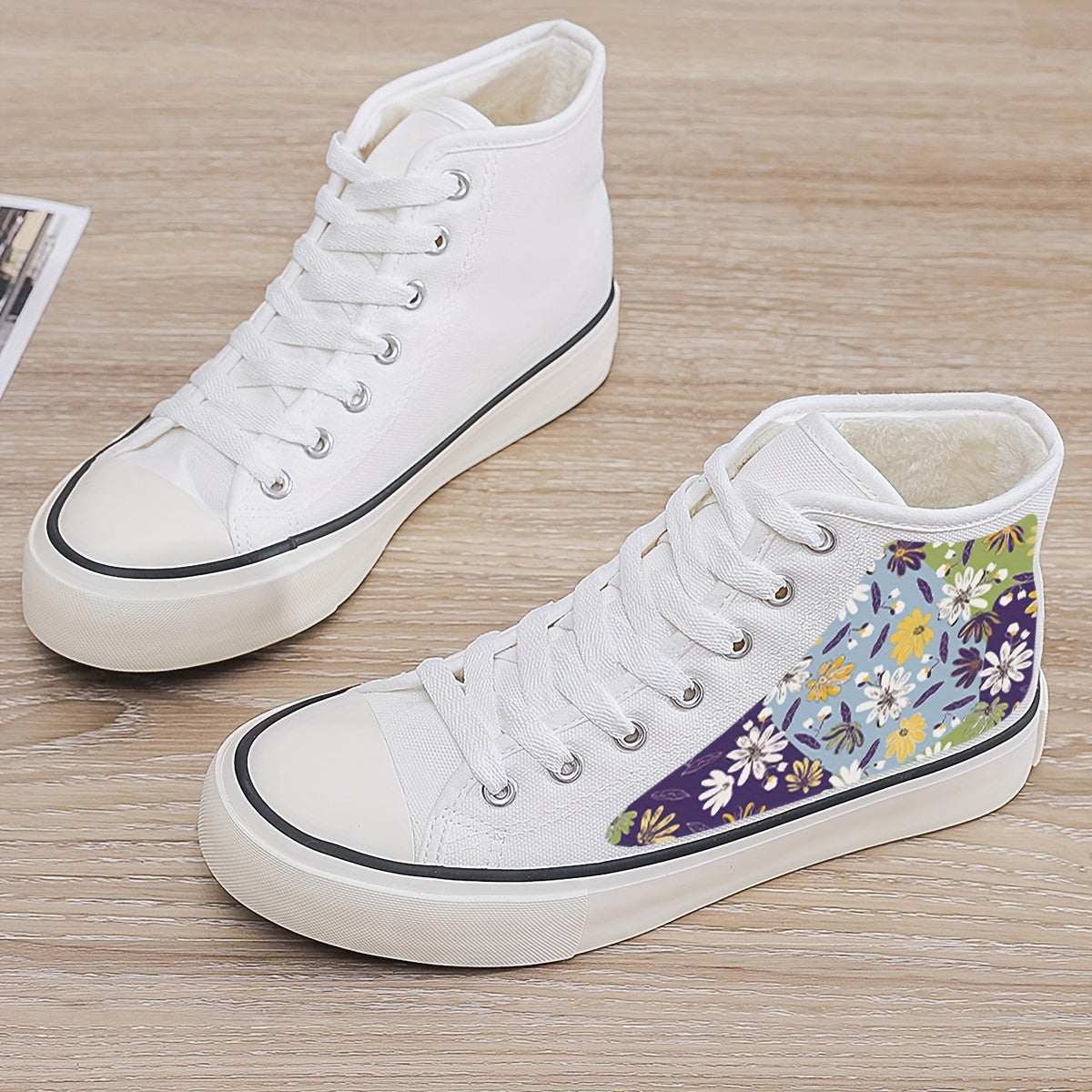 Girl's High Top Floral Skate Shoes Warm Plush Lining Non Slip Lace Up Sneakers