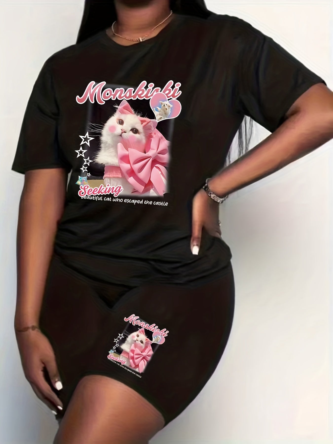 Cat & Letter Print Crew Neck Top & Shorts Set
