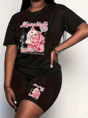 Cat & Letter Print Crew Neck Top & Shorts Set