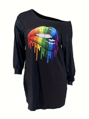 Sexy Rainbow Lip Print One Shoulder Tee