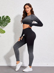 2Pcs Seamless Sports Set Long Sleeves Round Neck Tee & High Waist Yoga Leggings