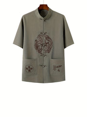 Men's Dragon Print Frog Button Chinese Style Shirt