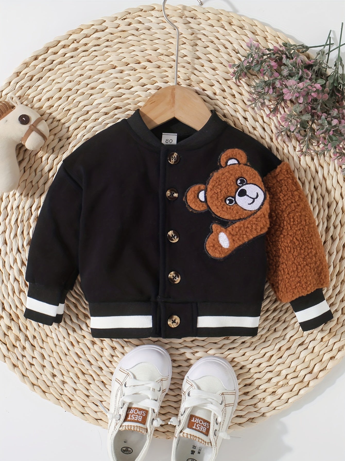 Baby Adorable Bear Embroidered Jacket Kids Single Breasted Long Sleeve Coat