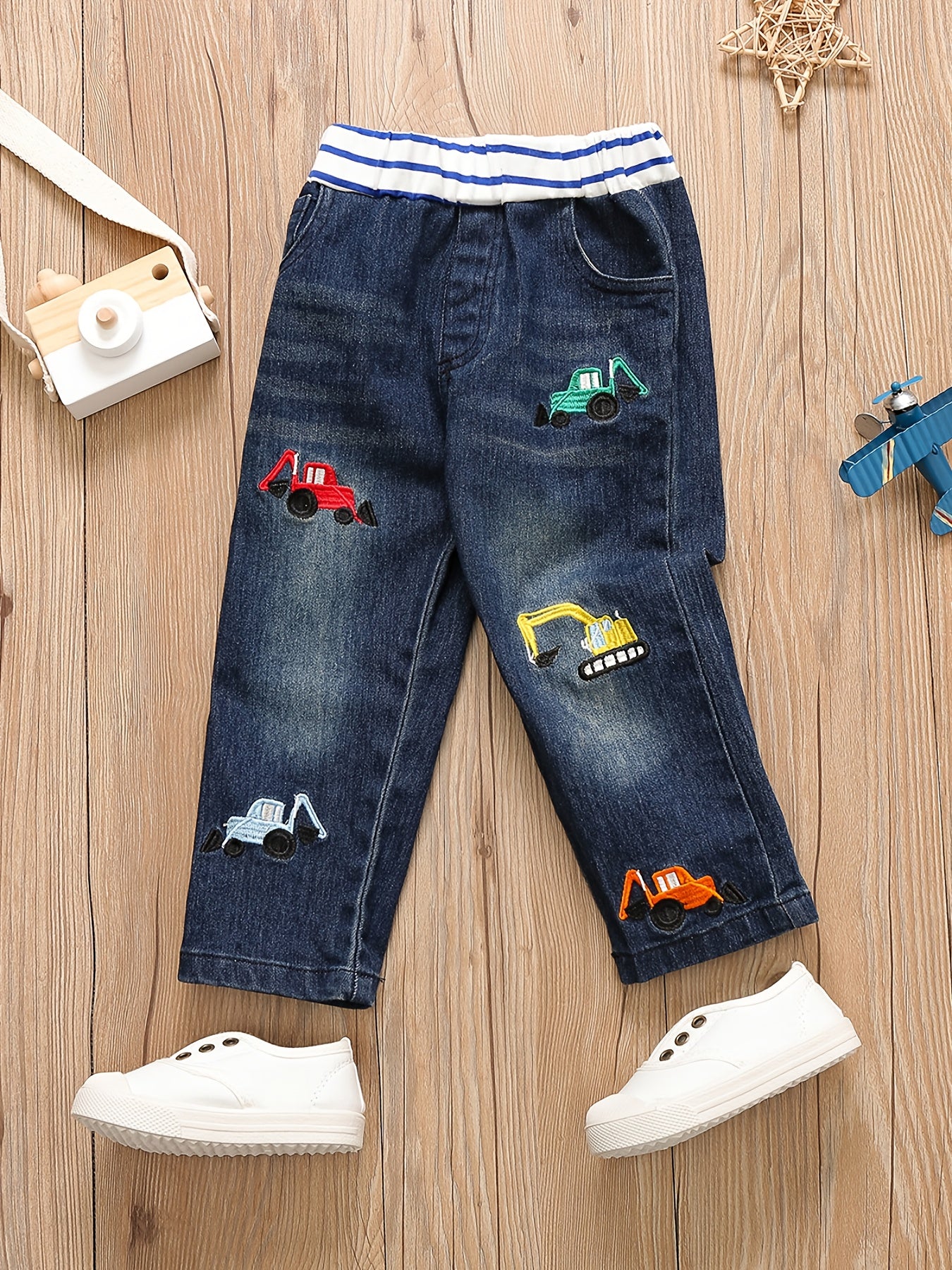 Boys Excavator Embroidered Denim Pants - Spring/Autumn