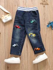 Boys Excavator Embroidered Denim Pants - Spring/Autumn