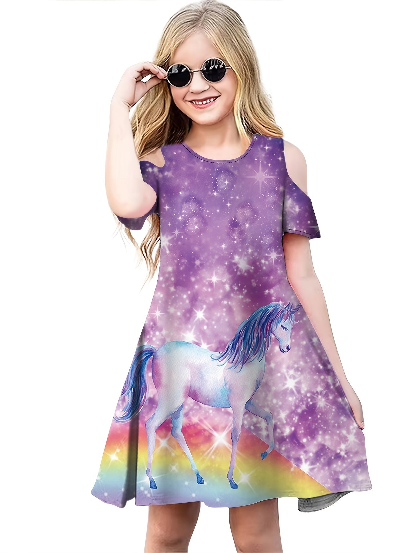 Summer Girls Fancy Horse Cartoon 3D Print Dresses Kids Party Princess Dress