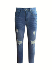 Ripped Whiskering Skinny Jeans High Stretch Distressed Slash Pocket Denim Pants