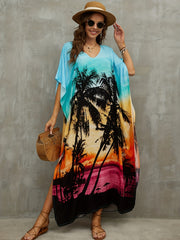 Beach Print Cover Up Dress V Neck Bat Sleeve