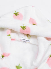 Girls Hooded Bathrobe Strawberry Pattern Flannel Soft Warm Pockets Belt Robe