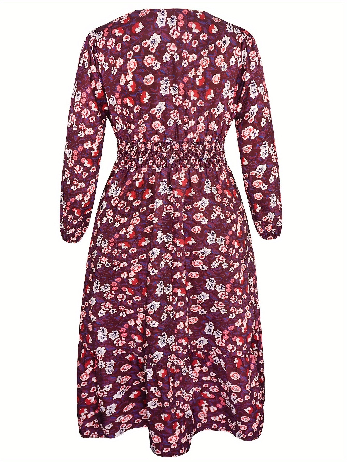 Floral Print Long Sleeve V Neck Waist Dress