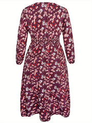Floral Print Long Sleeve V Neck Waist Dress