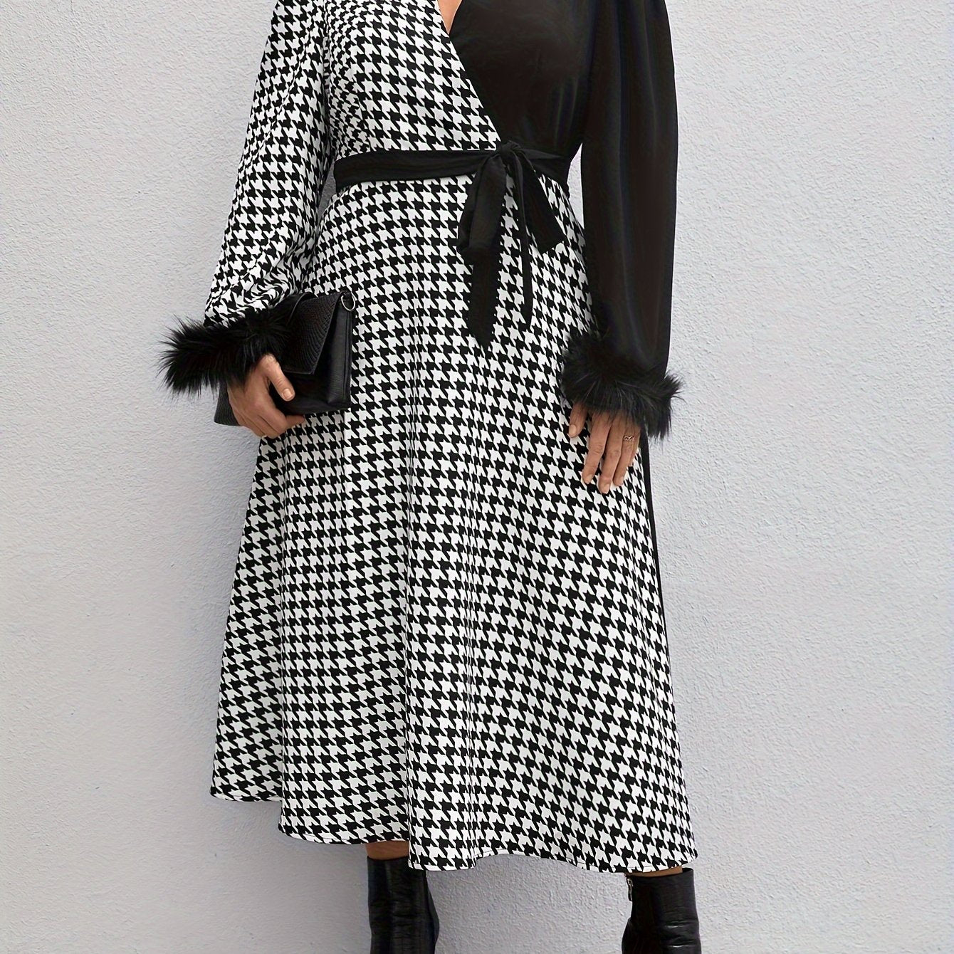 Colorblock Houndstooth Print Maxi Dress