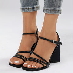 Women's Solid Block Heeled Sandals Square Toe Slingback Heels