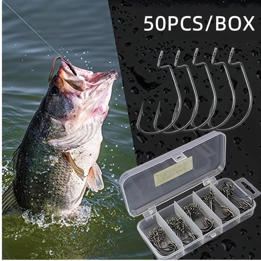50pcs High Carbon Steel Worm Hooks with Tackle Box for Saltwater Fishing