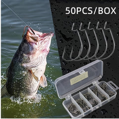 50pcs High Carbon Steel Worm Hooks with Tackle Box for Saltwater Fishing