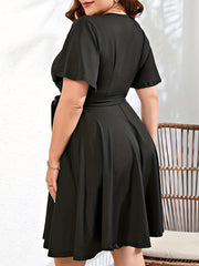 Solid Flutter Sleeve Stretch Midi Dress With Belt