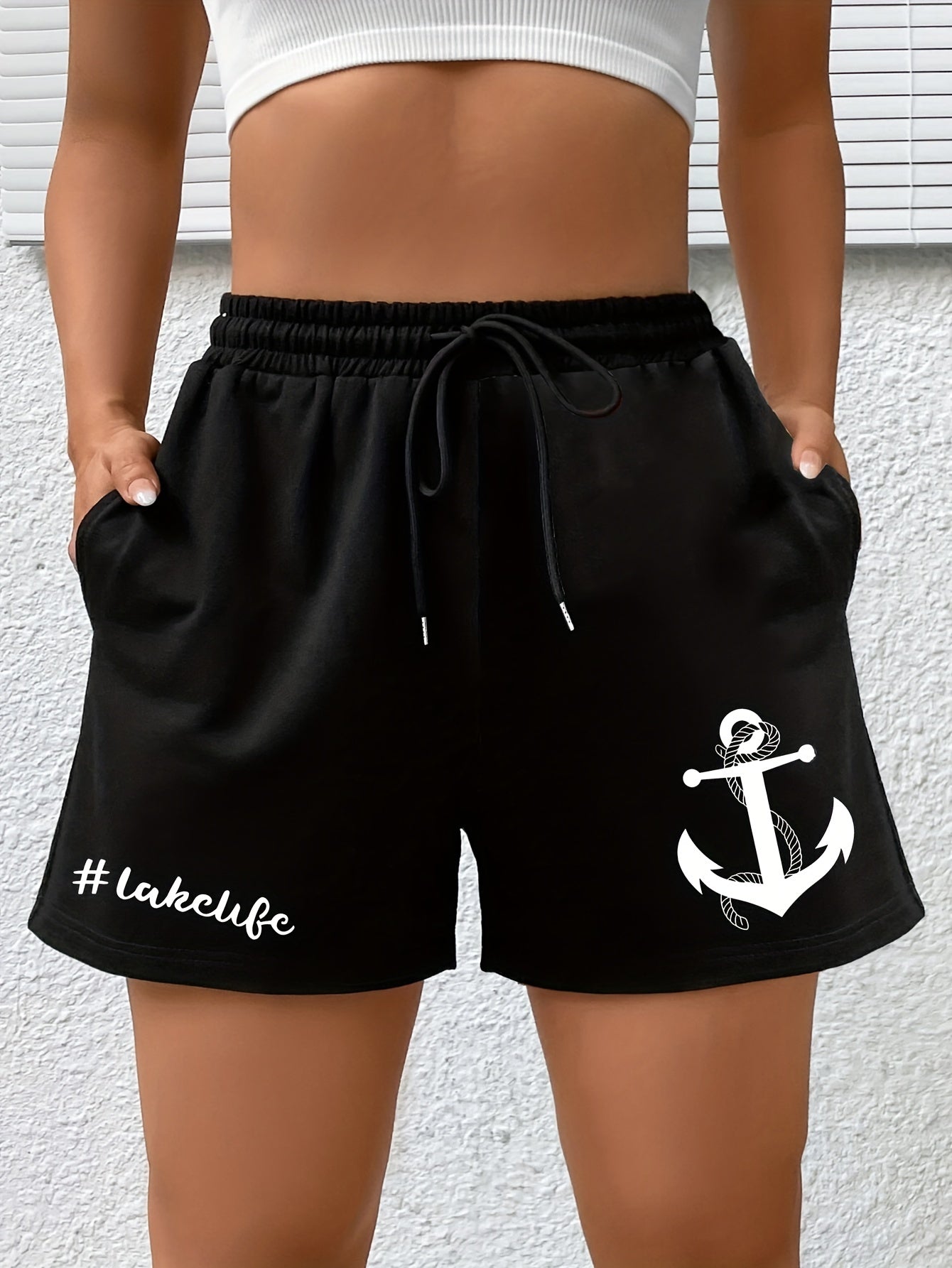 Anchor Print High Rise Sports Shorts With Pockets