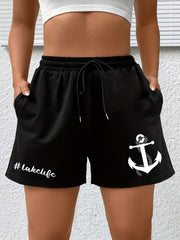 Anchor Print High Rise Sports Shorts With Pockets