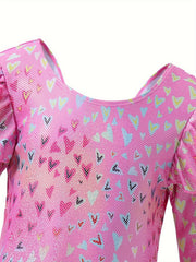 Girls Heart Graphic Flutter Trim Long Sleeve Gymnastics Leotard