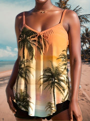 Boho Tankini Set Tie Front Cami Top & Boyshorts Swimsuit