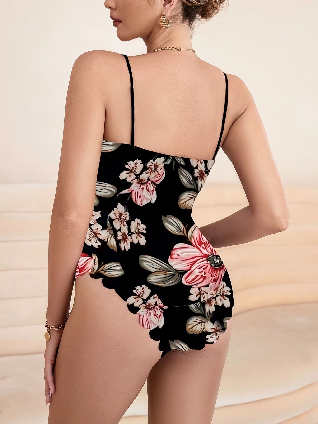 Floral Print Cami Bodysuit Plunge Neck Scallop Trim Bodysuit